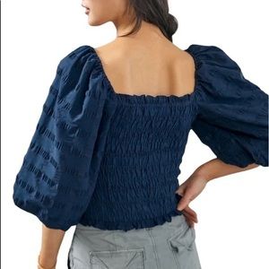 Anthropologie Maeve Bree Cropped Smocked Blouse Navy Medium